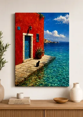 Red house with blue door canvas wall art for living room, buy in India