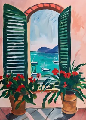 Mediterranean Coastal Window View Poster - Italian Riviera Seascape Poster
