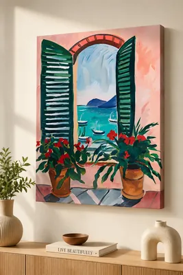 Mediterranean coastal window ocean view canvas wall art for the living room, buy online in India