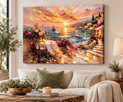Mediterranean terrace sunset canvas wall art with sailboats and roses