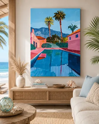 Palm Springs pool with pink villa and palms canvas wall art for the living room, buy online in India