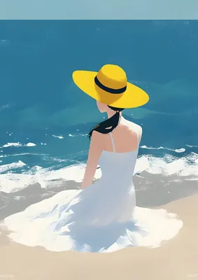 Minimalist Beach poster - Woman in Yellow Sun Hat Art Print, Modern Coastal