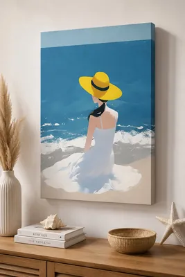 Minimalist beach woman canvas wall art for living room, buy in India