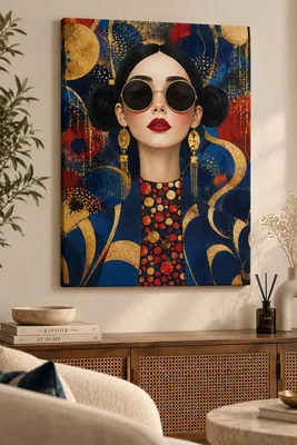 Art deco woman blue and gold canvas wall art for living room, buy in India