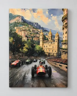 Vintage canvas wall art of classic race cars at the Monaco Grand Prix