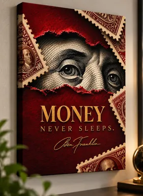 Red and gold artwork featuring Benjamin Franklin’s engraved portrait, vintage U.S. dollar postage stamps, textured crimson background, and the words “MONEY NEVER SLEEPS.”
