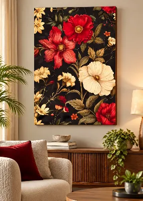Red and ivory vintage flowers with golden leaves on a black background — canvas wall art