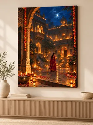Woman in a red saree holding a diya in an ornate moonlit Indian courtyard filled with glowing lamps, marigold garlands, flower petals, and carved architecture.
