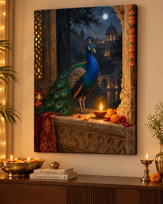 Royal blue and emerald peacock beside a glowing diya, surrounded by marigolds and ornate carved architecture under a full moon.