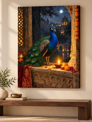 Royal blue and emerald peacock beside a glowing diya, surrounded by marigolds and ornate carved architecture under a full moon.