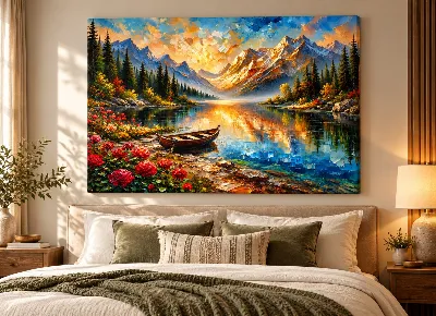 Mountain lake sunrise canvas wall art with wooden boat and roses