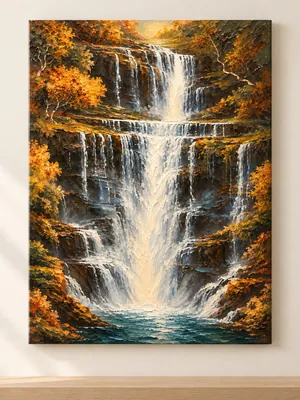 Multi-tier waterfall cascading through an autumn forest with golden-orange foliage, impasto canvas wall art