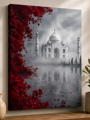 Taj Mahal red floral canvas wall art for living room, buy in India