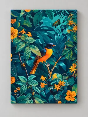 Orange and black oriole bird perched in a teal tropical jungle with flowers and a butterfly — canvas wall art
