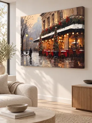 Enchanting Paris cafe canvas art in snow with Christmas decorations