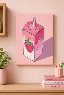 Pastel pink strawberry milk carton kawaii canvas wall art for the kitchen, buy online in India