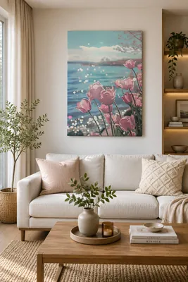 Pastel pink tulips by a shimmering lake canvas wall art for the bedroom, buy online in India