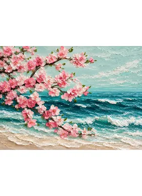 Pink Cherry Blossom Ocean poster - Impasto Floral Waves Painting for Living