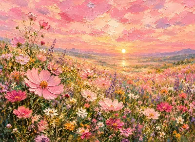 Pink Cosmos Meadow Sunset poster for Living Room