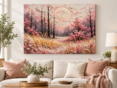 Pink forest swirl canvas wall art with spiral sky