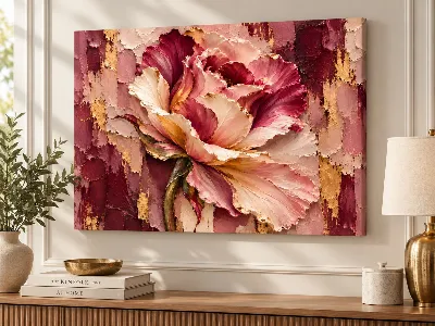 Pink peony impasto canvas wall art with textured petals