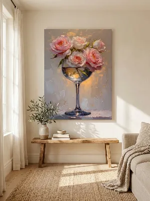 Pink roses in wine glass beige and gold canvas wall art