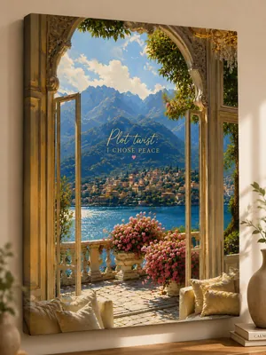 Coastal balcony mountain lake canvas wall art for living room, buy in India