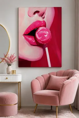Pop art pink lips and lollipop glossy canvas wall art for the bedroom, buy online in India