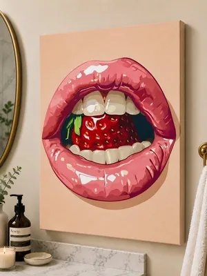 Pop art pink strawberry lips canvas wall art for the bedroom, buy online in India