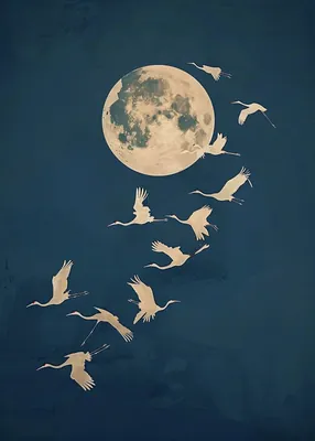 Blue & Gold Crane Moon Poster – Elegant Bird Decor
