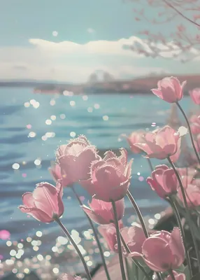 Pastel Pink Tulips Poster - Coastal Spring Floral Poster, Shimmering Lake