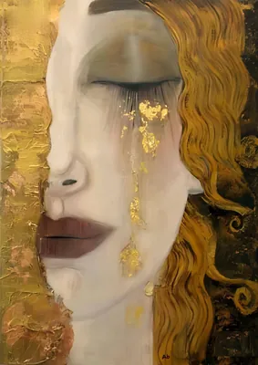 Modern Gustav Klimt Inspired Poster - Golden Tears Abstract Face Painting Print