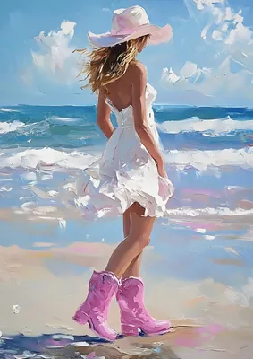 Coastal Beach Woman Impressionist Oil Painting Poster - Pink Cowboy Boots & Sun
