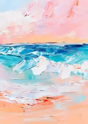 Abstract Beach Poster - Pastel Pink Sky and Turquoise Ocean Impasto Painting