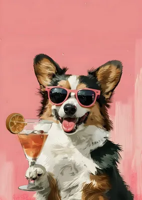 Cool Corgi with Cocktail Poster – Fun Dog Wearing Sunglasses Poster, Vibrant