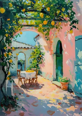 Mediterranean Lemon Orchard Patio Poster - Italian Courtyard Poster