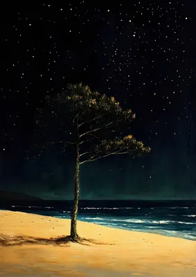 Lone Tree on Starry Night Beach Poster - Serene Coastal Ocean Painting Print
