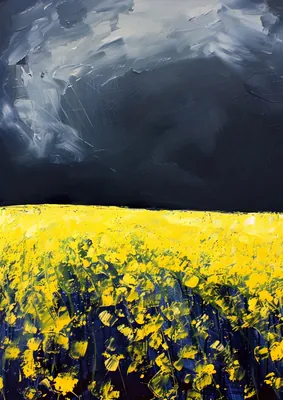 Dramatic Stormy Sky and Yellow Wildflower Field Poster - Modern Textured
