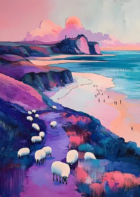 Vibrant Coastal Landscape Poster - Pastel Ocean Cliffs Painting Print