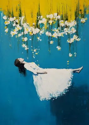 Surreal Floating Woman Poster - Modern Blue and Yellow Impressionist Painting