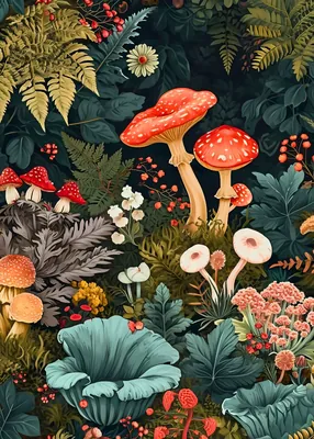 Enchanted Forest Mushroom Poster - Vintage Botanical Forest Floor Poster