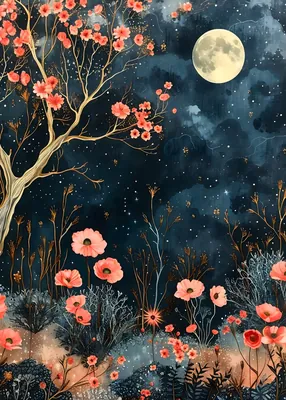Celestial Night Garden Poster – Moonlit Cherry Blossom & Pink Floral Poster