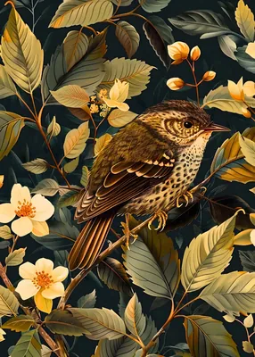Vintage Bird and Botanical Poster - Antique Style Sparrow Poster - Muted Nature