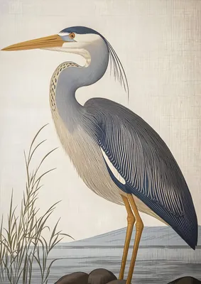 Great Blue Heron Vintage Poster – Japandi Style Bird Poster, Ukiyo-e Inspired
