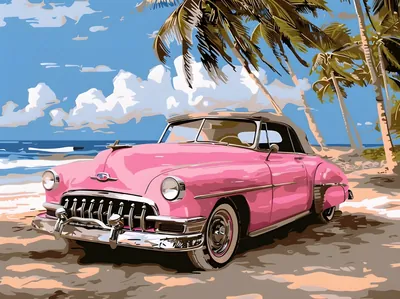 Retro Pink Vintage Car Beach Poster - Tropical Palm Trees & Coastal Art Print