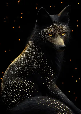 Black Fox Poster, Celestial Mystic Animal Poster, Modern Gold and Black Fox