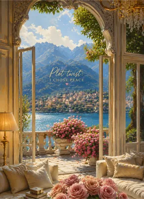 Plot Twist I Chose Peace" Coastal Balcony Poster – Serene Mountain & Lake