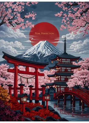 Mount Fuji Japanese Poster - Traditional Pagoda, Torii Gate & Cherry Blossom