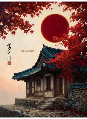 Japanese Autumn Landscape Poster - Traditional House with Vibrant Red Maple