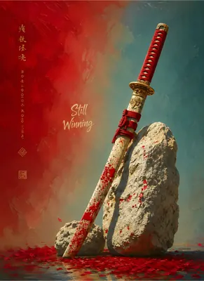 Samurai Katana Sword Poster - "Still Winning" Japanese Warrior Poster, Red